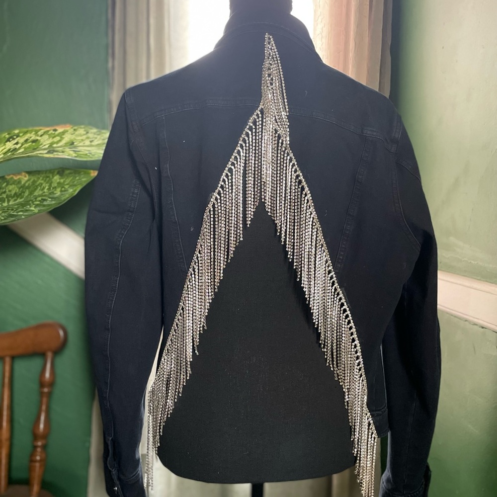 Isaac Mizrahi Live Dark Denim Jacket 14 Custom W/Rhinestone Fringe